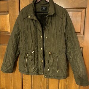 Olive Green Military Quilted Jacket faux fur lined with brown piping accents